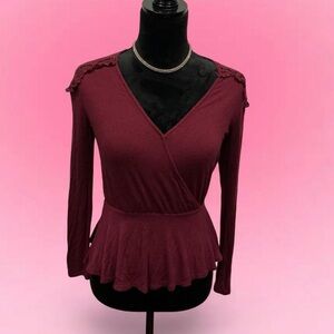 ❤️Elegant Burgundy Peplum  Blouse with Lace Details